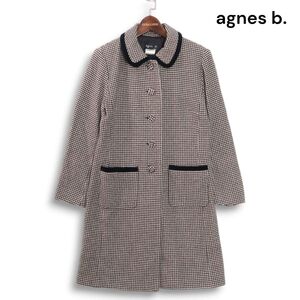 フランス製★ agnes b. アニエスベー 秋冬 千鳥格子 ハウンドトゥース柄♪ ウール ツイード コート Sz.38 レディース 黒　K4T02320_C#N