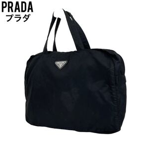 良品　PRADA プラダ　ハンドバッグ　ブラック　ナイロン　手提げ　黒　トートバッグ　ショルダーバッグ　白タグ　三角プレート　レザー