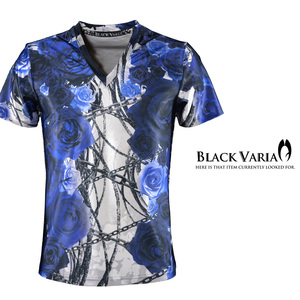 9#bv06-bl BLACK VARIA 薔薇 バラ 花 チェーン柄 プレミアム Vネック半袖Tシャツ メンズ(ブルー青) 3L 日本製 吸水速乾＆2wayストレッチ