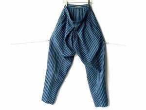 希少 80s issey miyake men イッセイミヤケメン ストライプリネンスラックス デザインワイドパンツ ラップパンツ 青白 古着ビンテージ 90s