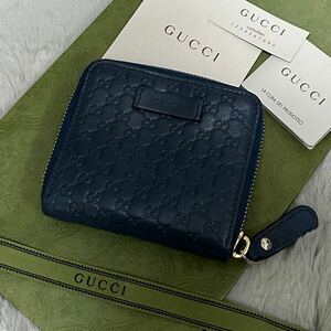 美品　GUCCI グッチ　折り財布　マイクロシマ　ラウンドファスナー　ブルー　 小銭入れ