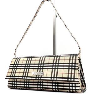 《ほぼ未使用品》BURBERRY バーバリー ノバチェック チェーン アクセサリーポーチ ハンドバッグ レザー キャンバス