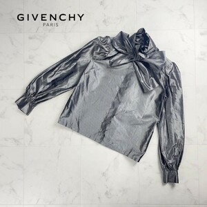 美品 GIVENCHY ジバンシィ 80s シルク100% ドット柄 襟リボン 光沢 長袖ブラウスシャツ トップス レディース グレー サイズ8*SC273