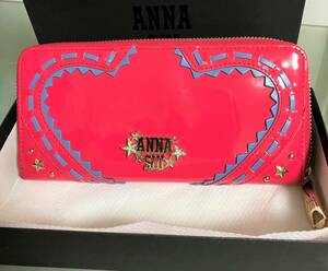 ◆ANNA SUI アナスイ◆エナメル◆ラウンドファスナー 財布 長財布◆ホットピンク◆星/STAR◆ゴールドロゴ◆