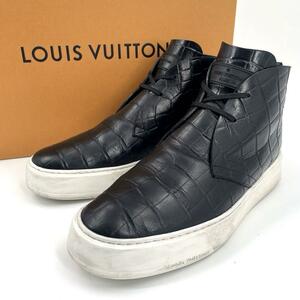 c599真贋済【ルイヴィトン】極美品”LOUIS VUITTON クロコ ブラック レザー スニーカー 7 黒 26cm 厚底 近年モデル 現行 ハイカット ミドル