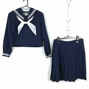 1円 セーラー服 スカート スカーフ 上下3点セット 冬物 白3本線 女子 学生服 埼玉松山女子高校 紺 制服 中古 ランクC NA1675