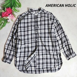 AMERICAN HOLIC ゆったりデザイン・バンドカラー チェック柄 長袖シャツ チュニック 表記サイズM 黒ライトグレー白 ドロップショルダー