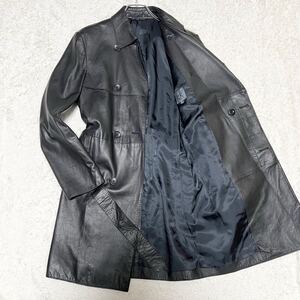 美品 カルバンクライン【漢の戦闘服】本革トレンチコート M ブラック 羊革 ラムレザー シープスキン ベルト付 秋冬 Calvin Klein 1円〜