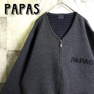 希少 美品 PAPAS パパス ハーフジップ ウール ニット セーター ブランド刺繍ロゴ グレー 48サイズ M 実寸大きめ