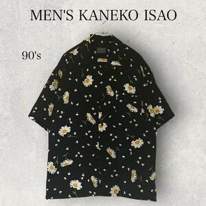 1403★美品★メンズ カネコイサオ 花柄 90年代 黒 ガーベラ ピンクハウス 半袖シャツ 90s 総柄 アロハシャツ トップス F オープンカラー