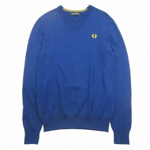 フレッドペリー FRED PERRY Vネック ニット セーター 長袖 ウール ローレルマーク ロゴ 刺繍 プルオーバー カットソー S 青 ブルー メンズ