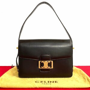 極 美品 袋付 CELINE セリーヌ ヴィンテージ トリオンフ ロゴ 金具 レザー 2way ハンドバッグ ミニ ショルダーバッグ ブラウン 18855