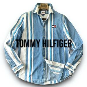 C15 美品 爽快！爽やか！Lぐらい『トミーヒルフィガー TOMMY HILFIGER』マルチカラー ストライプ デニム 長袖 シャツ 鮮やかな色合い！青色