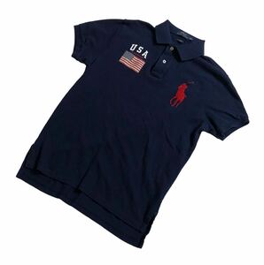 ■ POLO RALPH LAUREN ポロ ラルフローレン ■ ビッグ ポニー ロゴ 刺繍 星条旗 ワッペン 半袖 ポロシャツ ネイビー M