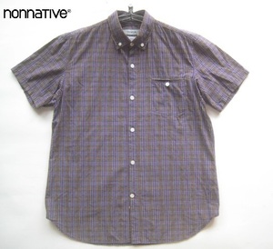 美品日本製!!ノンネイティブ NONNATIVE*胸ポケット付き チェック柄半袖ボタンダウンシャツ 1 実寸S 紫×黒×茶×白