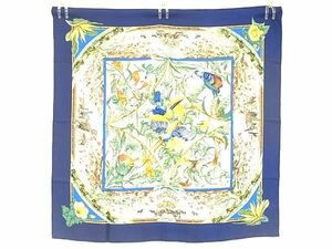 1円 ■美品■ HERMES エルメス TROPIQUES 【トロピック】 カレ90 シルク100% 大判 スカーフ ストール ショール ネイビー系 AY4341