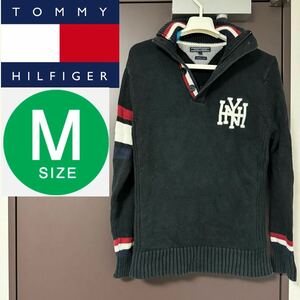 トミーヒルフィガー TOMMY HILFIGER ニット Mサイズ ロゴ刺繍 メンズ M ジャケット トミー ワッペン セーター ハーフジップ ブラック 黒