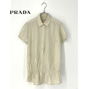 A7103/美品 春夏 PRADA プラダ シルク100% フリル フレア 半袖 カジュアル ドレス シャツ ブラウス カットソー 40 ベージュ/レディース