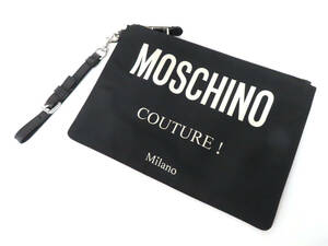 23230 美品 MOSCHINO モスキーノ 英字ロゴ プリント キャンバス×レザー シルバー金具 ジップ クラッチバッグ ポーチ カバン 黒 イタリア製