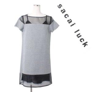 sacai luck Houndstooth オーガンジー 異素材切替ワンピース size2 ブラック ホワイト サカイラック 切替