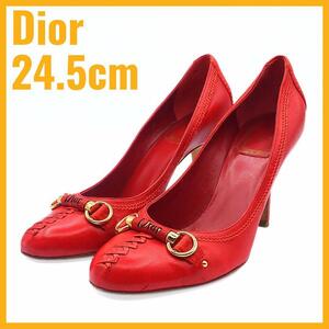ディオール レザー パンプス ゴールドストーン 37.5 24.5cm Christian Dior D1 1207 レディース レッド ヒール シューズ 靴