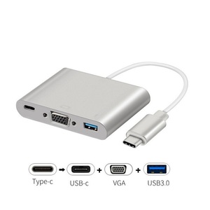 USB C-VGA/USB3.0/USB-C メス給電 3in1 変換アダプタ 1080P ミニD-Sub 15ピン オスーメス 16cm USB3.1 Type C コンバータ