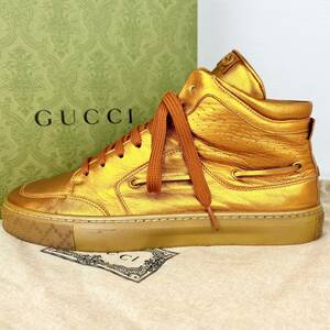 1円 【希少日本限定モデル】 GUCCI グッチ 【幻の逸品】 メンズ スニーカー ハイカット シューズ 靴 レザー メタリック ゴールド 8 27.0位