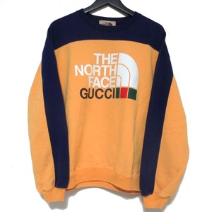 美品 21AW GUCCI×THE NORTH FACE グッチ ノースフェイス ロゴプリント 長袖 スウェットシャツ トレーナー 671449 S イエロー系