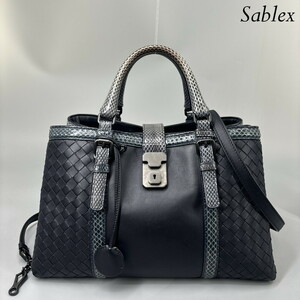 1円【新品同様】BOTTEGAVENETA ボッテガヴェネタ パイソン イントレチャート レザー ハンドバッグ ショルダーバッグ ２way ブラック 黒