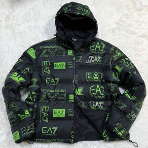 【未使用級 4L 近年】エンポリオアルマーニ/EMPORIO ARMANI ダウンジャケット ロゴ総柄 ロゴパッチ ブルゾン メンズ 3XL ブラック グリーン