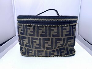 【1円スタート】FENDI フェンディ ズッカ柄 ナイロンキャンバス×レザー バニティバッグ 化粧ポーチ　[03-4609