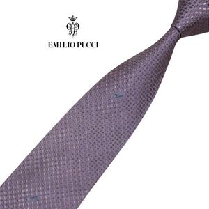 ★ドット柄★高級ネクタイ★EMILIO PUCCI ライトパープル/グレー系 文字刺繍 エミリオプッチ イタリア製 シルク USED ネコポス可 t1139