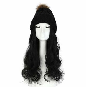 ウィッグ付きニット帽　ニット帽/ブラック ウィッグカラー/A ロングヘアー イメチェン 髪色チェンジ コスプレ