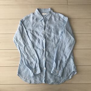 美品◆ユニクロ◆UNIQLOプレミアムリネンシャツブルーLサイズ◆麻100%羽織り冷房対策日除け長袖紫外線対策たすき掛けに