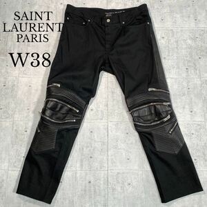 極美品/希少サイズ W38●13AW エディ期 ケリング SAINT LAURENT PARIS サンローランパリ レザー切替 ニージップ バイカーデニムパンツ