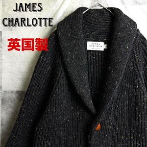 希少 美品 英国製 JAMES CHARLOTTE ジェームスシャルロット マルチカラードット柄 肉厚ウール カーディガン くるみボタン ブラック 黒 L