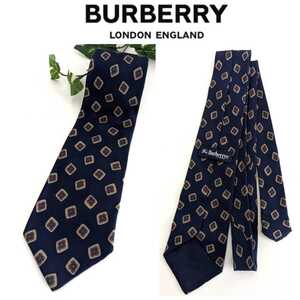 美品 BURBERRY バーバリー ヴィンテージ シルク 花柄 フラワー ドット 柄 ネクタイ ネイビー ブルー 紺