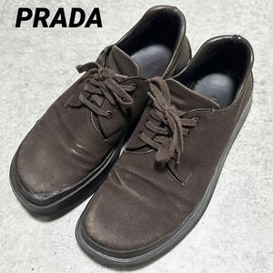 希少 PRADA キャンバス プレーントゥ スニーカー 26.5 ブラウン