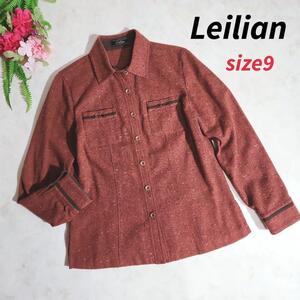 レリアン Leilian ウール素材・ホースビット飾り長袖シャツ・ブラウス 赤茶色 表記サイズ9号 M 82710