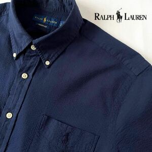 ラルフローレン RALPH LAUREN ボタンダウン シアサッカー 半袖シャツ L 180/100A (日本XL) ネイビー 半袖 サッカー シャツ 紺