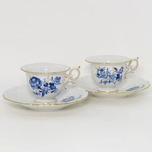 マイセン カップ&ソーサー■ブルーフラワー C&S 青い花 昆虫 金彩 シェルエッジ 洋食器 2客セット Meissen 1