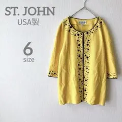 【ST. JOHN】ノーカラージャケット 羽織 黄 七分袖 ビジュー USA製