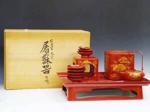 冬 ◆(TH) ◎ 輪島塗 朱塗 屠蘇器 七ツ揃え 共箱付き 松田漆器店謹製 盃 盃台 銚子 屠蘇台 重箱 銘々皿 おしぼり皿 箸 松竹梅 鶴亀 お正月