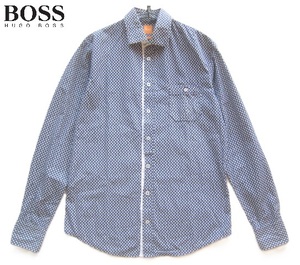 高級!!ヒューゴボス HUGO BOSS*金属ロゴプレート付き スペード総柄コットンシャツ M 紺×白 ネイビー