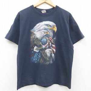 L/古着 半袖 ビンテージ Tシャツ メンズ 00s 星条旗 鳥 クルーネック 裾シングルステッチ紺 ネイビー 23aug07 中古