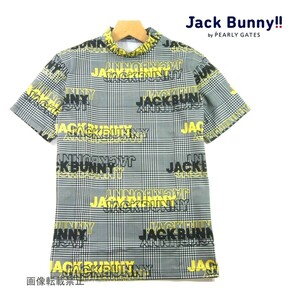 新品 ★ パーリーゲイツ Jack Bunny　総柄ロゴ モックネック 半袖シャツ　6/XL　千鳥/白黒 ハイネック SOLOTEX 鹿の子 ジャックバニー