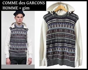 ■ 希少 COMME des GARCONS HOMME × gim コムデギャルソン オム コラボ ネイティブ ジャガード ニット 切替 ドッキング 後付け パーカー M