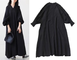 ラス1*新品*セクシー*エロかわ♪ シンプル Vネック ノーカラー パフスリーブ シャツ ゆったり ロング ワンピース 黒 ブラック