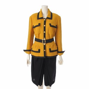 【シャネル】Chanel　ヴィンテージ ココボタン ツイード ジャケット＆スカート セットアップ マスタード 40 【中古】【正規品保証】197734