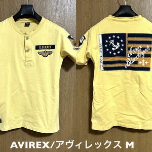 Mサイズ！AVIREX/アヴィレックス 古着ヘンリーネック Tシャツ 薄イエロー 品番6163421